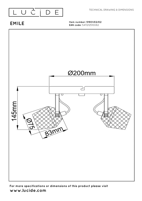 Lucide EMILE - Plafondspot - Ø 20 cm - 2xGU10 - Mat Goud / Messing - technisch